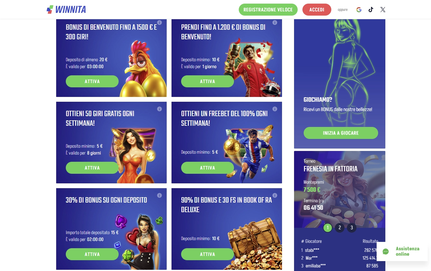 Panoramica bonus su Winnita Casino